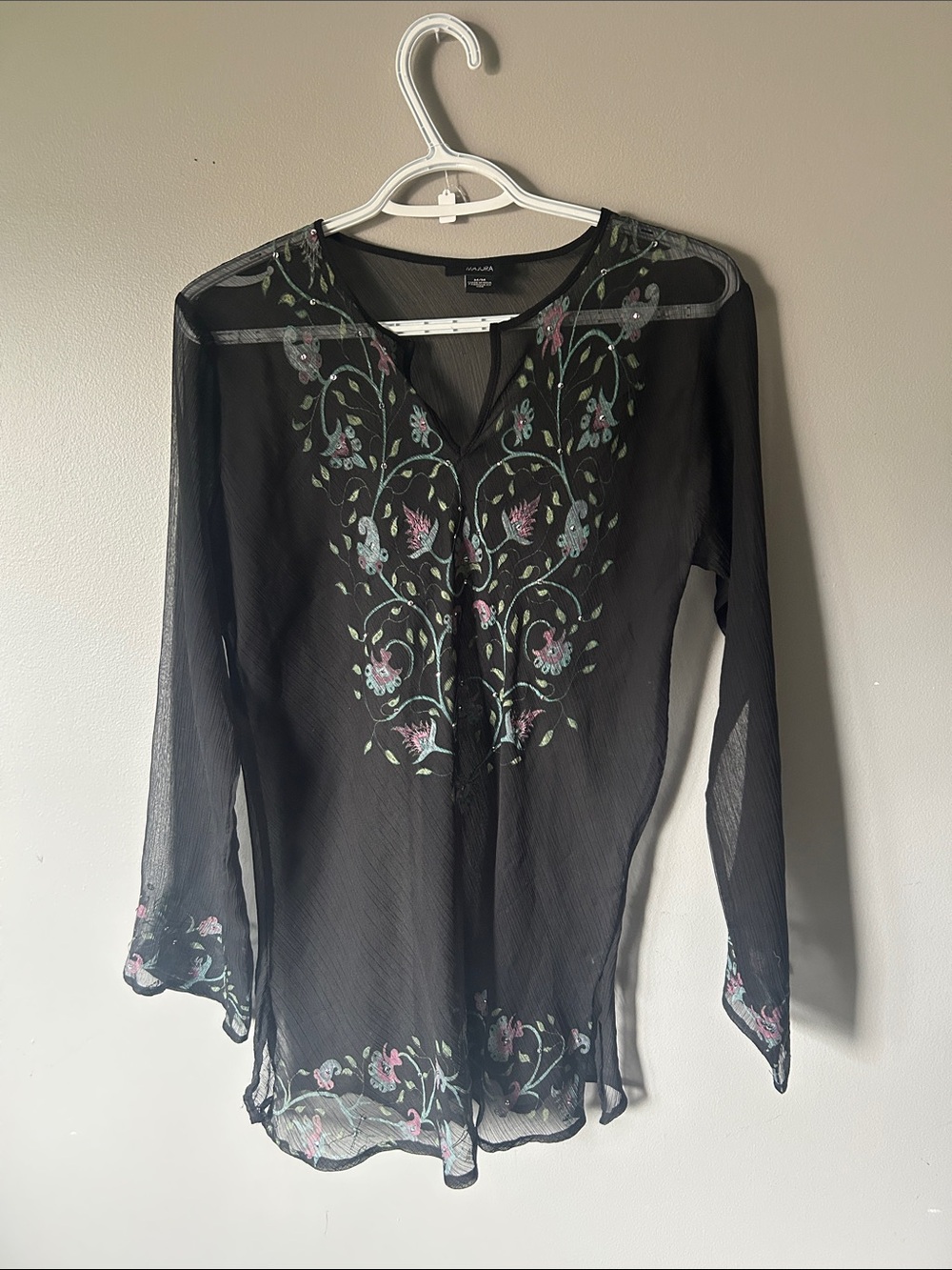 Sheer Black Embroidered V-Neck Women's Blouse